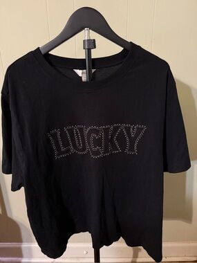 M&S Black 100% Cotton Top Embellished with Lucky on the front.